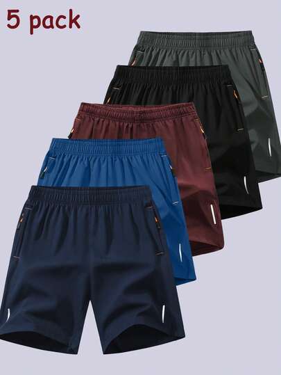 (Spring/Summer) 5pcs/Pack Men Sports Running Reflective Casual Shorts, Fitness Gym Workout Quick Dry Breathable Zipper Shorts,