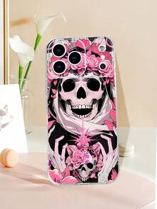 Funda de teléfono con diseño de cráneo y rosas en tono rosa, estampado con calavera adornada con flores, estilo inspirado en el Día de Muertos ideal para celebraciones festivas y uso personalizado, diseño misterioso y romántico, funda transparente, resistente a golpes, alta transparencia, compatible con iPhone17/16/15/14/13/12/11/Plus/Pro/ProMax, compatible con Galaxy A34/A35/A54/A55, Galaxy S20/S21/S22/S23/S24/S25 Ultra/Plus, compatible con Moto/Galaxy/Redmi/Honor/OPPO - transparente - Ver 2