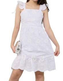 Vestido Curto Juvenil Regata Manga Babado Laise Cintura Solta Casual Conforto e Estilo Amarrar - Branco - Visão 3