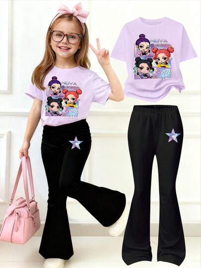 2pcs/Set Young Girl KOP Graphic Print Round Neck Short Sleeve Casual T-Shirt And Skinny Bell-Bottom Pants Outfit