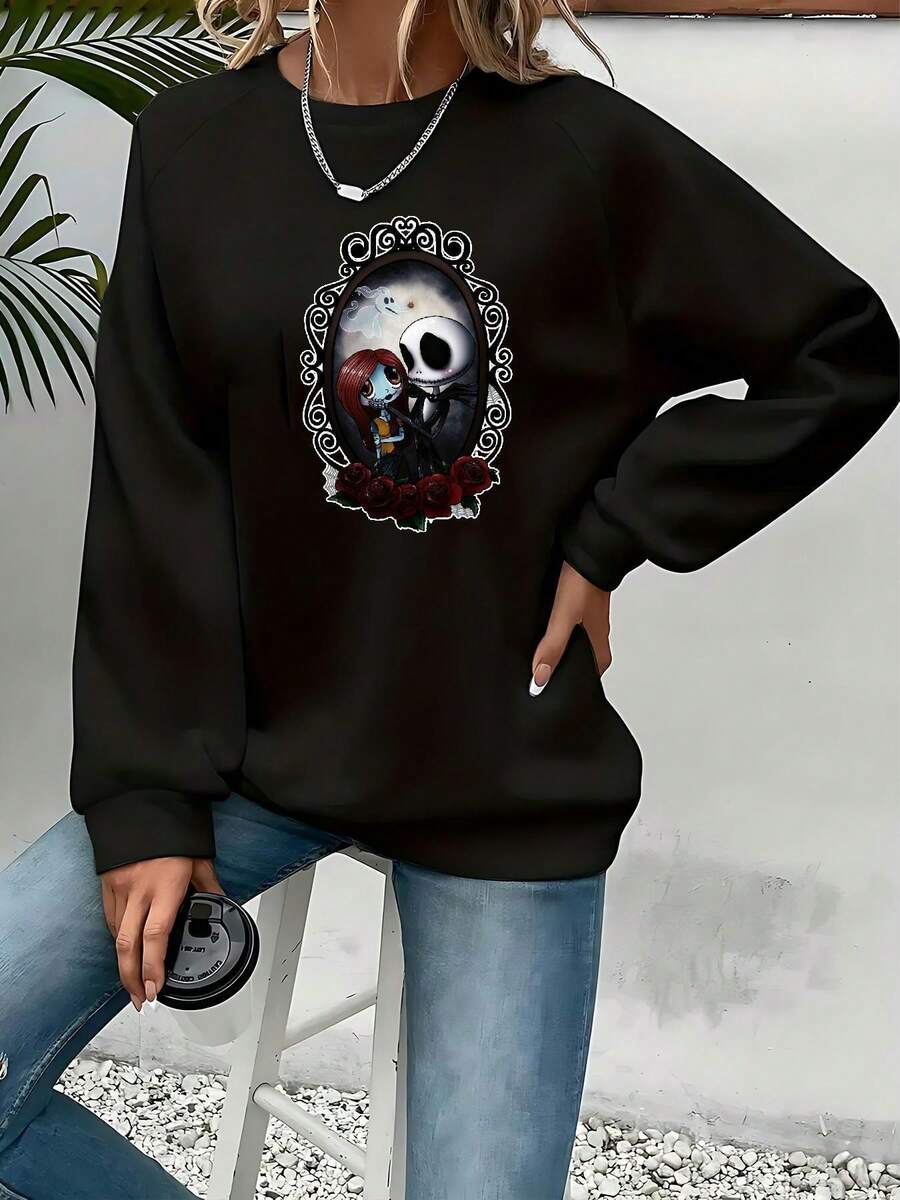 Nightmare Before Christmas Women's Sweatshirt - Tim -Inspired  & Sally Graphic, Cozy Long Sleeve Crewneck Pullover For Fall/Winter, Casual & Themed Events, Machine Washable (Officially Licensed), Halloween-Themed Cartoon Print, Soft Fabric For Working, Shopping, Exercising At Home, Round Neck Design - Black - View 1