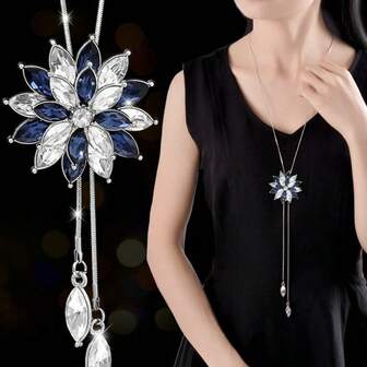 1件装水晶锆石花朵长项链，女士正式场合首饰