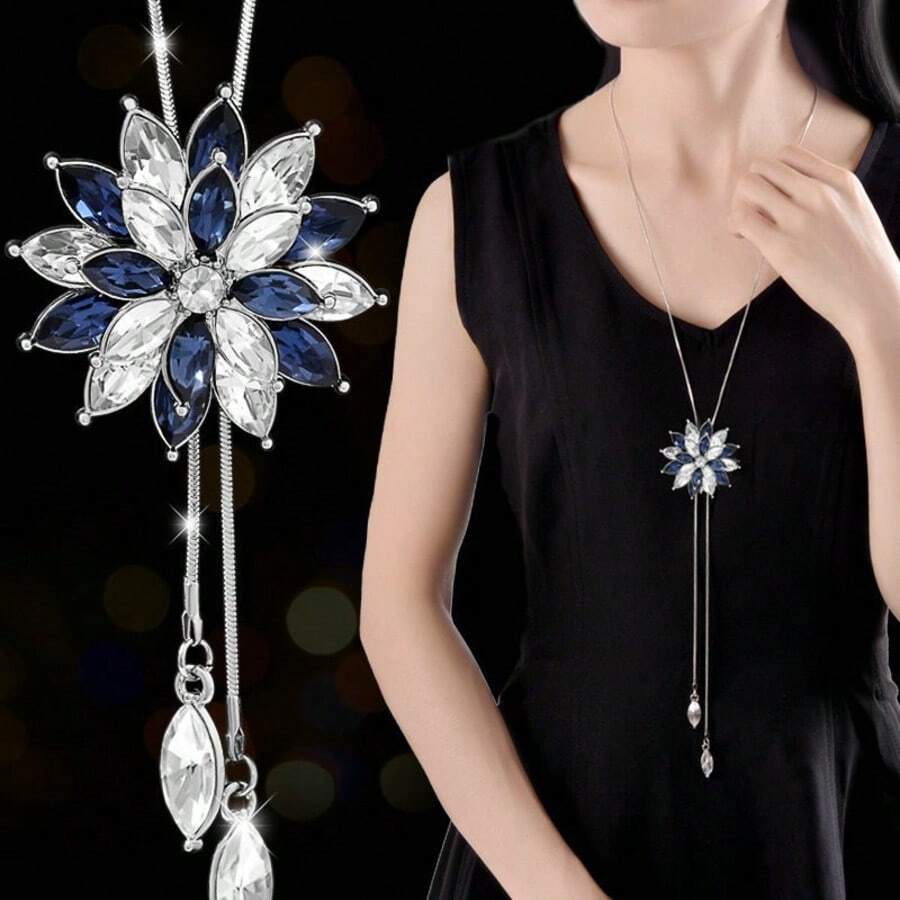 1件装水晶锆石花朵长项链，女士正式场合首饰 - 寶藍色 - 查看 1