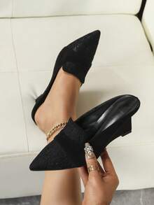 Women's Wedge Slip-On Pumps, Women's Black Deep V Lace Pointed Toe Wedge Slip-On Shoes - Black - View 2