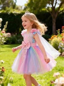 Vestido de princesa con decoración de lazo rosa dulce para niñas, vestido de encaje y parches de manga corta con degradado arcoíris de moda para niñas pequeñas, regalo del 1er cumpleaños del bebé, chal ligero y transparente, vestido de fiesta con decoración de flores 3D de malla de tul para niñas, adecuado para uso diario, fiestas, festivales y eventos escolares - Rosa Pálido - Ver 3