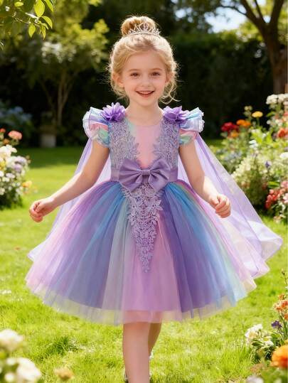 女童蕾丝拼接晚礼服，淡紫色薄纱仙女裙，饰有3D立体花朵，彩虹渐变公主裙，适合特殊场合，适合3-10岁女孩，蝴蝶结装饰蓬蓬薄纱裙，日常穿着，舞台表演，学校派对，可作为生日礼物
