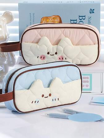 1个可爱毛绒猫外星人大容量撞色学生铅笔盒，手提式大容量拼接铅笔袋，可收纳计算器、笔记本和钢笔 - 适合学校、办公室和旅行 - 适合学生、专业人士、男士和女士，学校文具收纳盒，多功能收纳盒，安全拉链封口，铅笔盒