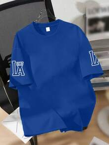 青少年男童复古洛杉矶学院风短袖宽松舒适透气T恤，休闲校园夏季服饰，男童上衣 - 藍色 - 查看 2