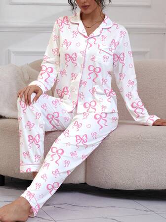 2pcs Casual Elegant Ribbon Bow Print Loungewear Pajama Set For Women, Includes Long Sleeve Lapel Top And Relaxed Elastic Waist Pants, Suitable For Sleepwear And Homewear, All Season, Winter Clothes