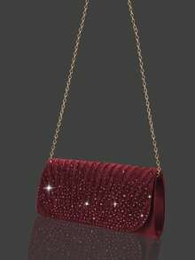 闪亮水钻翻盖晚宴包，优雅褶皱手拿包，适合派对，附赠3件套水钻首饰——吊坠项链和耳环，适合派对、晚宴、聚会、舞会、婚礼和其他场合。 - 酒紅色 - 查看 6