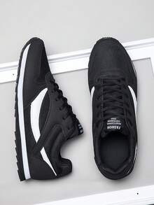 Men's Style Lightweight Comfortable Flat Casual Shoes Round Toe Lace-Up Versatile Fashion Running Sports Shoes - Black and White - View 2