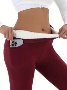 Women's High-Waist Fleece-Lined Leggings With Pockets - Cozy, Stretchy,  Warm, Multi-Color, Perfect For Fall And Winter Comfort, High Waisted Leggings - 紅色 - 查看 1