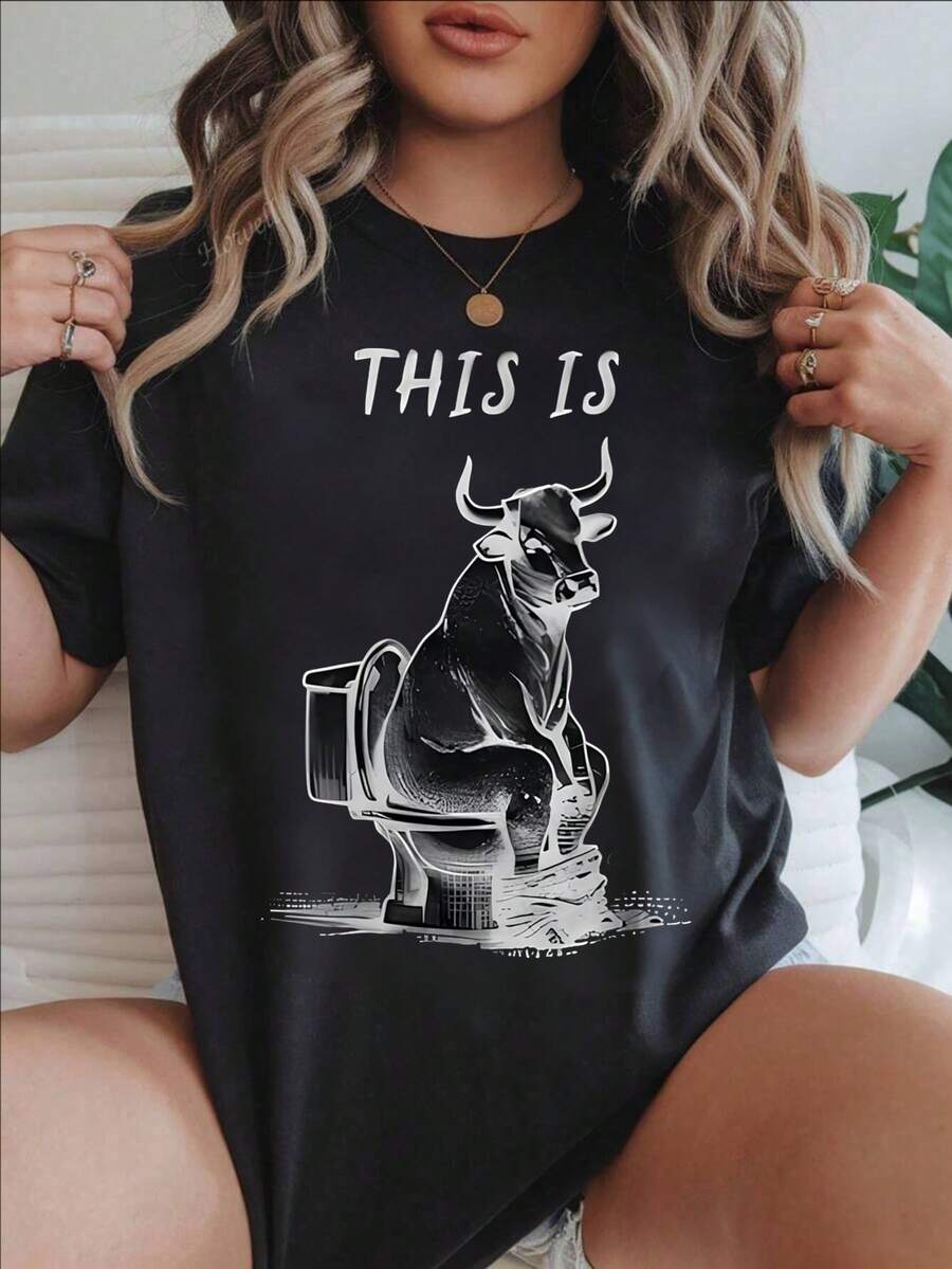 This Is Cow On Toilet Women's Fashionable Print Casual T-Shirt Suitable For All Seasons
-Black - Black - View 1