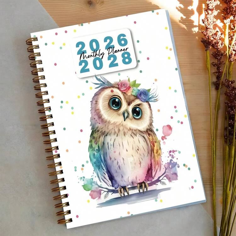 Sổ kế hoạch 3 năm (2026-2028) | Họa tiết cú mèo dễ thương, kích thước 5.5x8.3 inch | Bao gồm trang ghi mật khẩu, trang theo dõi sinh nhật, gáy xoắn vàng | Thích hợp cho trường học, đại học, công việc, sử dụng cá nhân - Nhiều màu - Xem 8