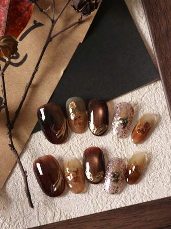 10片装亚克力按压式美甲，棕色，猫眼金色闪粉，重工业风假指甲，短款，适合日常办公佩戴，人造指甲套装包含1张粘合贴片和1个迷你指甲锉。