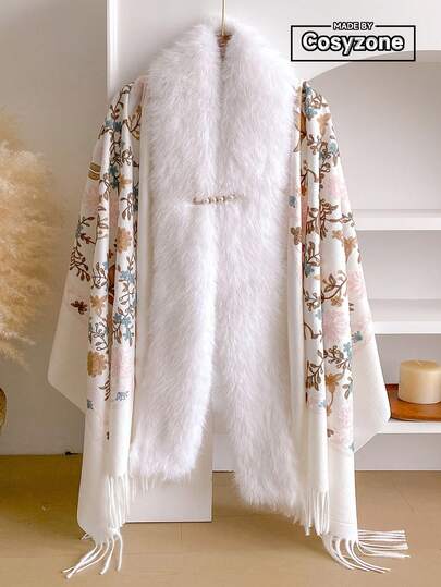 1pc Elegant Floral Embroidered Scarf And Fur Collar Shawl, Bohemian Design, Warm Decorative Embroidered Scarf And Fluffy Collar Shawl Cape, Comes With 1 Pearl Brooch Pin, Fashionable Accessory To Keep You Warm, Perfect Gift For Women, Suitable For Daily Wear, Autumn/Winter
