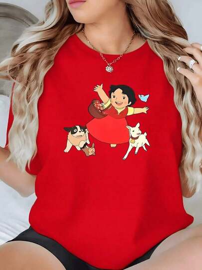 1 unidad de 220 gramos Camiseta de Manga Corta con Dise?o de Heidi y Mascotas para Mujer, Estilo Clásico Camisa de T 100% algodón con estampado digital Linda y Cómoda Camisa de Mujer Casual