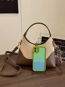 Bolso tipo dumpling con diseño de bloques de color, bolso versátil de hombro y bandolera portátil para ir y venir, bolso de mano, adecuado para el uso diario y citas casuales - Marrón - Ver 4