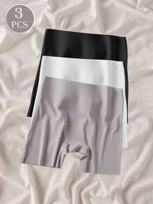 3条装女士纯色极简短裤，防摩擦，不卷边，丝滑柔顺，高腰，无缝，舒适内裤 - 彩色 - 查看 3