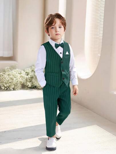 4pcs/Set New Gentleman Formal Suit Set For Boys, Including White Shirt + Striped Vest + Pants + Bow Tie, Suitable For Ring Bearer, Wedding, School Events, Banquet