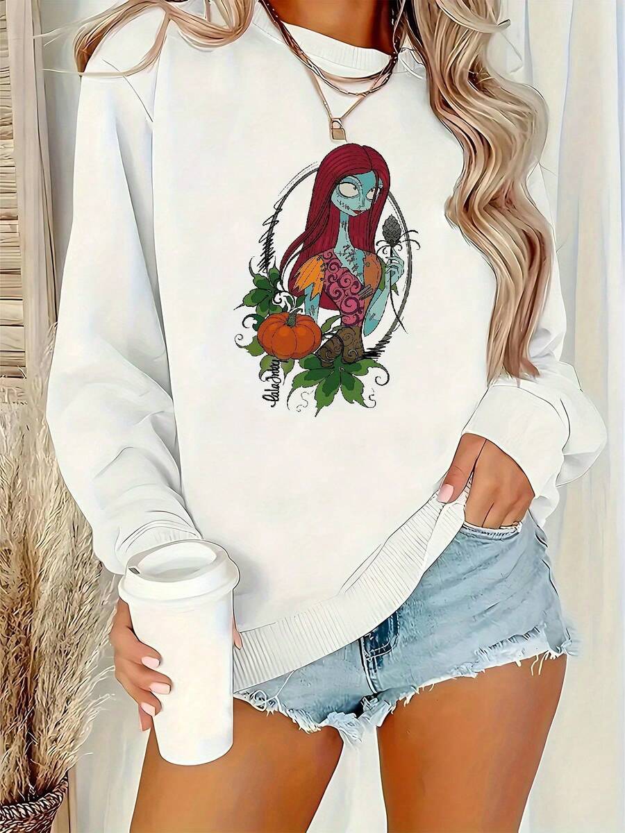 Women's Nightmare Before Christmas Gothic Sweatshirt - Tim -Inspired Sally & Graphic, Cozy Fall Winter Pullover, Casual Crewneck Sweater For Fans, Long Sleeve Round Neck Pullover With Vibrant Cartoon Print, Machine Washable, Perfect For Home, Work & Shopping, Soft & Comfortable Fabric, Ideal For Autumn & Winter Wear - 白色 - 查看 1