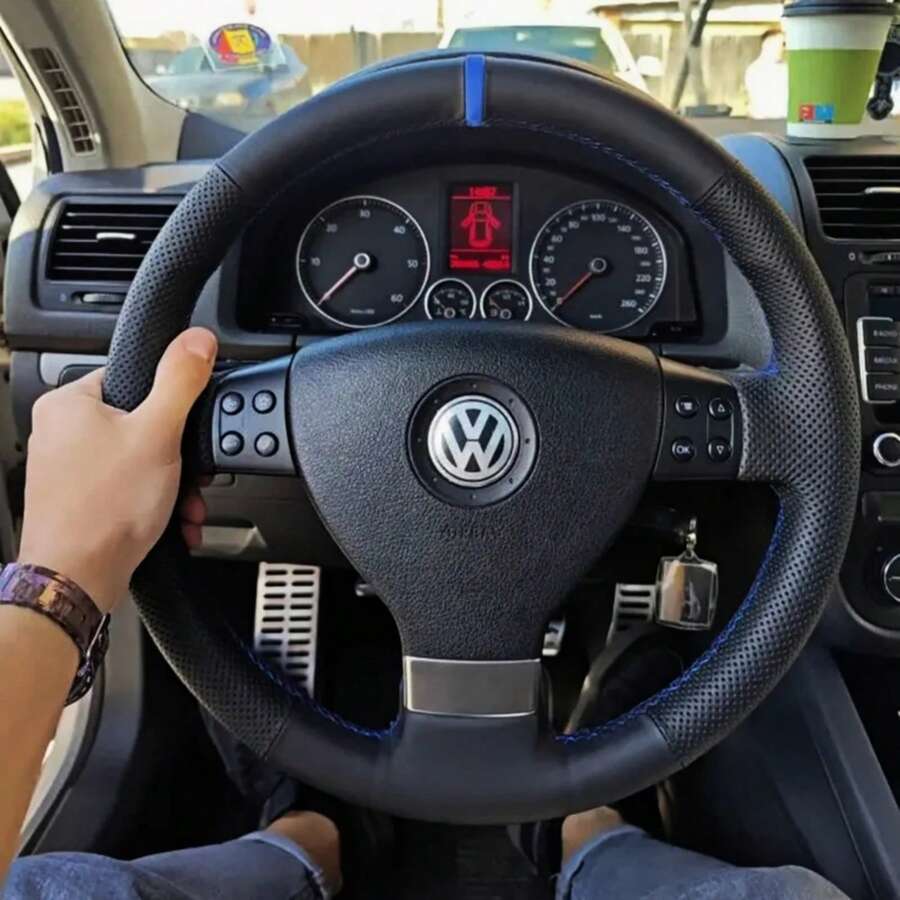 Funda de Volante de Coche de Cuero de Microfibra Cosida a Mano Personalizada para Golf 5 Mk5 GTI VW Golf 5 Passat R GT 2005 - hilo rojo - Ver 1