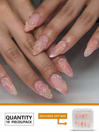 10 st blommiga press-on naglar, mandelfärgade lösnaglar med 3D-guld, blommig design, glitter, ibiskus, heltäckande limnaglar, rosa, orange och akryl, självhäftande naglar, vit