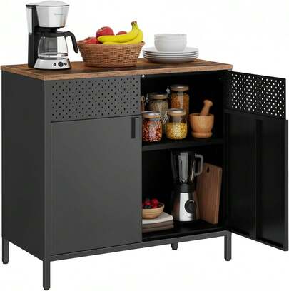 Aparador de metal con puerta magnética doble, estante ajustable y estructura de acero, 40 x 80 x 76 cm, beige natural y blanco LSC102W57