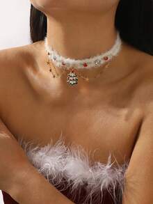1pc Women's Fashionable New Christmas Tree Choker Fluffy Necklace, Star Tassel Metal Chain, Autumn/Winter Necklace With Rhinestone Gems, Suitable For Wedding, Party, Holiday - White - View 1