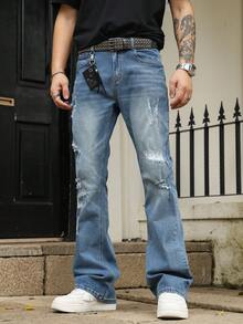 Men's Slim Fit Stretch Washed Distressed Flared Jeans, All Season - Blue - View 4