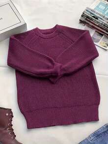 Women's Casual Commuting Soft Loose Round Neck Long Sleeve Knit Sweater, Simple Elegant Pullover, Spring/Autumn - Burgundy - View 4