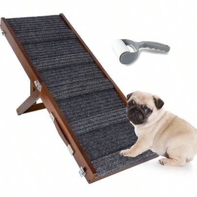 Brown Wooden Framed Folding Portable Pet Ramp. 4 Levels Adjustable 9" To 17.3" With NonSlip 5 Paw Traction Mat For Small Medium Doggie. Dog Ramps80penBNUK