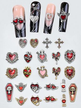 12-Piece Retro Halloween Nail Art Charms Set -Includes Skulls, Crosses And Hearts For DlY Nail Decor