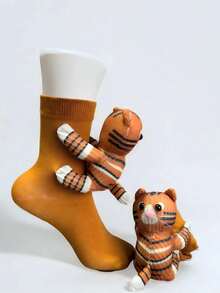 1 Pair Women's Cute 3D Tiger Knitted Socks, Warm House Socks For Daily, Home, Party, Wedding, Holiday Wear - Brown - View 3