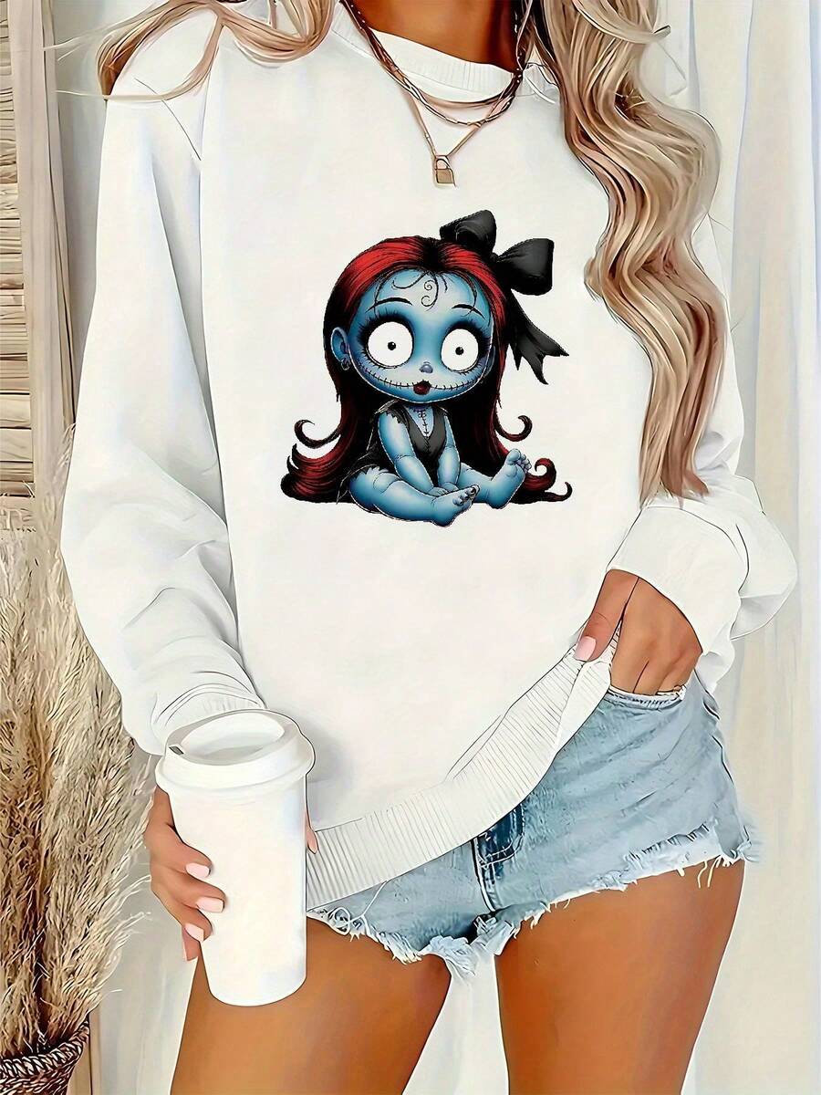 Nightmare Before Christmas Women's Sweatshirt - Tim -Inspired Gothic Casual Pullover With & Sally Graphic, Cozy Fall Winter Sweater For Themed Events & Casual Attire - White - View 1