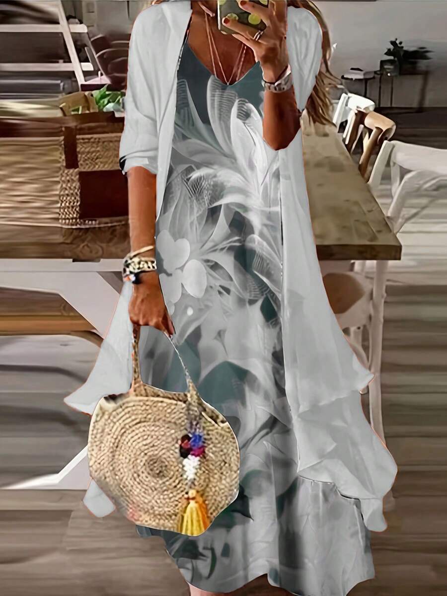 女士加大码优雅V领羽毛印花无袖连衣裙搭配七分袖雪纺开衫两件套，适合春、夏、秋季度假穿着 - 銀色 - 查看 1