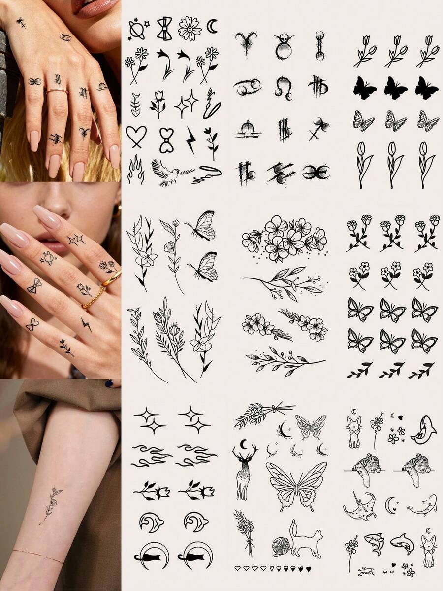 9PCS Minimalist Finger Tattoo Stickers Black Pen Lines Flower Butterfly Constellation Small Animal Pattern Temporary Fake Tattoo Stickers Suitable For Finger Ear Shoulder Neck Collarbone DIY Daily Party Festival Gift Body Waterproof Realistic Tattoo Stickers