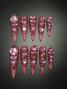 Each Set Includes 10 Pieces Of Handcrafted Y2K High-Heel Acrylic Nail Tips, Featuring A French Design Adorned With Numerous Rhinestone Decorations. Available In Multiple Tones And Nude Shades, These Press-On Nails Come In Three Sizes To Fit Various Needs. Perfect For Parties, Galas, And Daily Wear, The Set Also Includes A Nail Tool Kit, Making It An Ideal Gift For Women And Girls. - Multicolor - View 2
