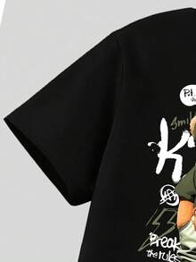 Young Boy Cartoon Print Round Neck Short Sleeve Top And Cargo Pants Set - Black - View 3