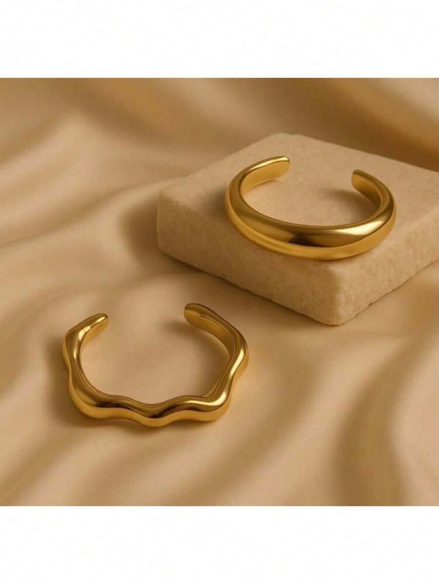 Two-Tone Bracelet, Acrylic, Modern, Stylish, Sophisticated, Minimalist, Charming, Ideal, Kit With 2 Bracelets, Silver, Gold, Geometric, Luxurious, Lightweight, Comfortable, Firm, Accessories, Women's, Jewelry, Everyday, Practical, Winter, Wear Over Long Sleeves. - 金色 - 查看 1