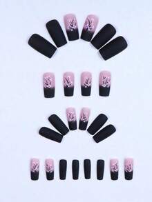 24 Pcs Press-On Oval Nails - Middle Length Black And Pink Gradient With Cherry Blossom Design, Matte Finish, Includes Jelly Glue & Nail File Nail Supplies Nails-Halloween,Christmas,Fall,Winter, Supplies, EGCT - 彩色 - 查看 6