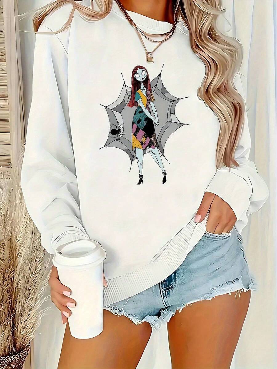 Nightmare Before Christmas Women's Gothic Bat &  Graphic Sweatshirt - Soft Crewneck Pullover For Casual Wear, & Home - Official Tim Inspired Apparel - Machine Washable Fall/Winter Pullover With Vibrant Cartoon Print, Relaxed Fit, And Branding - 白色 - 查看 1