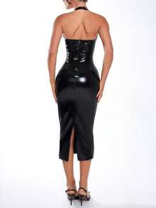 UNITHORSE Women's Christmas Atmosphere Ladies Soft Fleece Lined PU Dress Mini Short Commuter Comfortable Christmas Dress Soft Touch Leather Skirt, Christmas Party Dress, Elegant Red Christmas Dress - Black - View 6