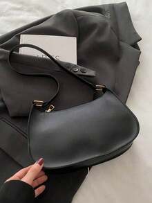 纯色极简拉链单肩包，时尚新月形包，拉链单肩包，仿皮纯色钱包，酒红色内衣收纳袋，理想的新年礼物，时尚酒红色内衣收纳袋 - 黑色 - 查看 7