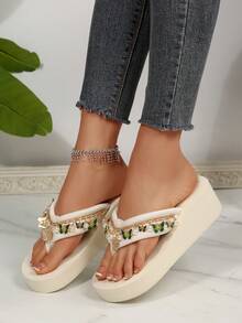 Papuci de primăvară/vară cu platformă boemă pentru vacanță în EVA, sandale pentru femei cu decor de lanț și coajă de plajă - Bej - Vizualizare 2