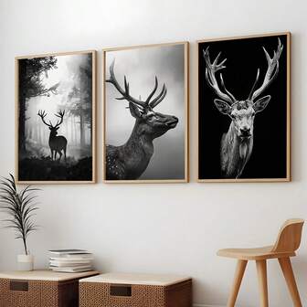 3/PCS Canvas Print - Deer Wall Art In Black And White, Minimalist Animal Themed Canvas Posters, Frameless Home Decor For Bedroom, Living Room, Hallway