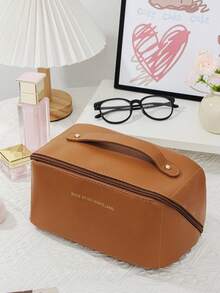 1个棕色纯色PU皮革枕形包，高端便携女士旅行化妆包，时尚休闲大容量便携拉链化妆包，旅行度假必备化妆包，可收纳卫生巾、卫生棉、有线耳机、头戴式耳机、充电器、口红、化妆品、香水、护肤品和美容产品，家居装饰 - 棕色 - 查看 10