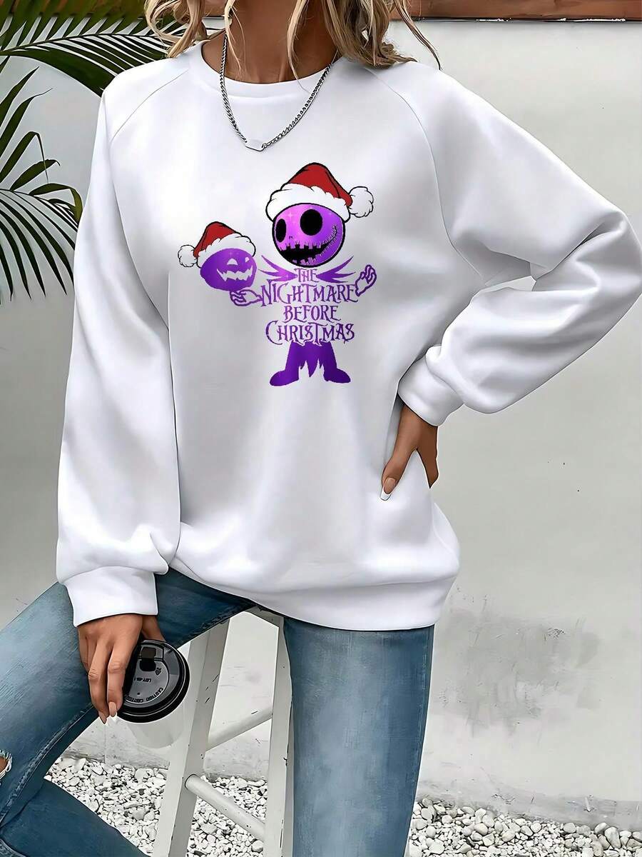 Women'S Halloween & Christmas Graphic Sweatshirt - "Nightmare Before Christmas" Design With & Sally, Purple & Black Cartoon Print, Casual Crew Neck, Long Sleeve, Fall/Winter Fashion, Halloween Clothing | Cartoon Print Top | Construction, Christmas Clothes - White - View 1