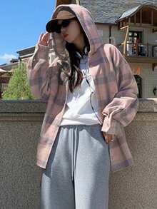 Plaid Shirt With Hood, Retro Color Block Long Sleeve Shirt Hoodie - Pink - View 5