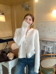 休闲宽松圆领针织开衫，韩版风格 - 白色 - 查看 3